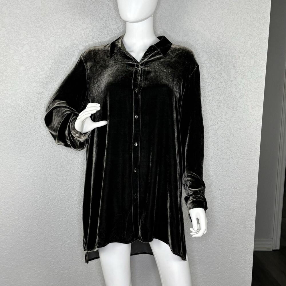 EILEEN FISHER Shirt Silk Blend Velvet Classic Collar Long Tunic Olive Green Sz M